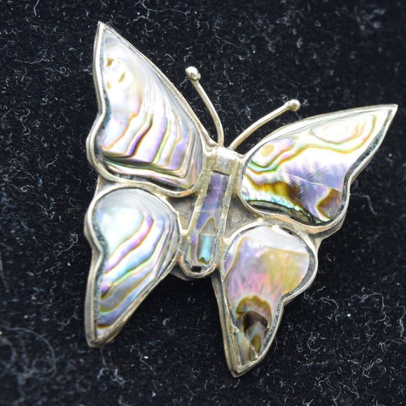 Vintage Alpaca Mexico Silver Tone and Abalone Butterfly Brooch - Picture 7 of 9